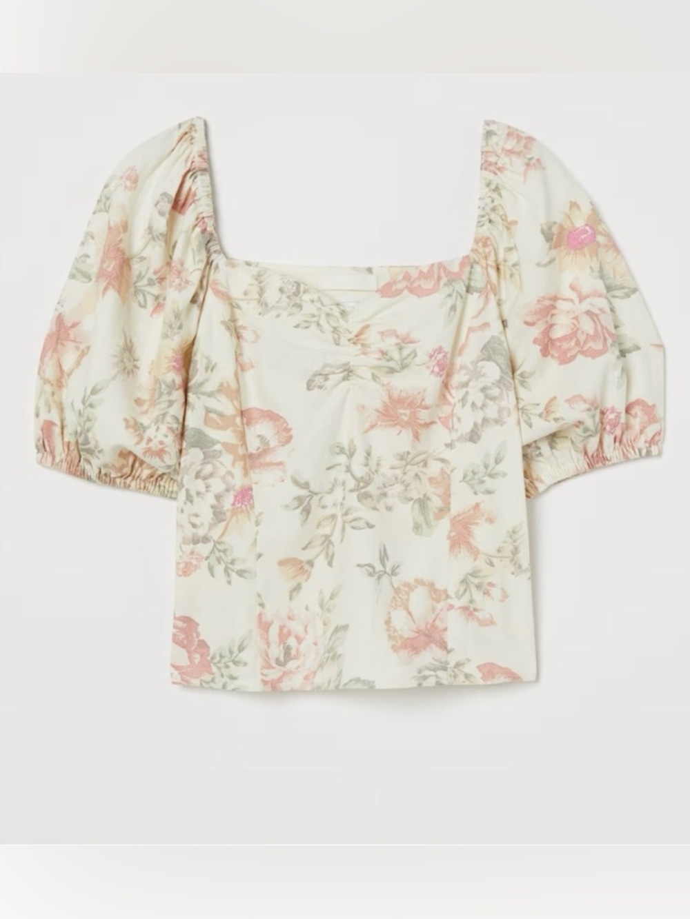 H&M Linen Blend Floral Square-Neck Puff Sleeve Blouse